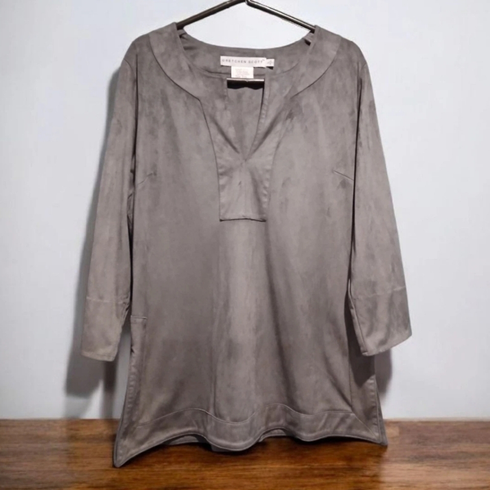 Gretchen Scott 3/4 Sleeve Split Neck Faux Suede Gray Tunic Top Womens Large
